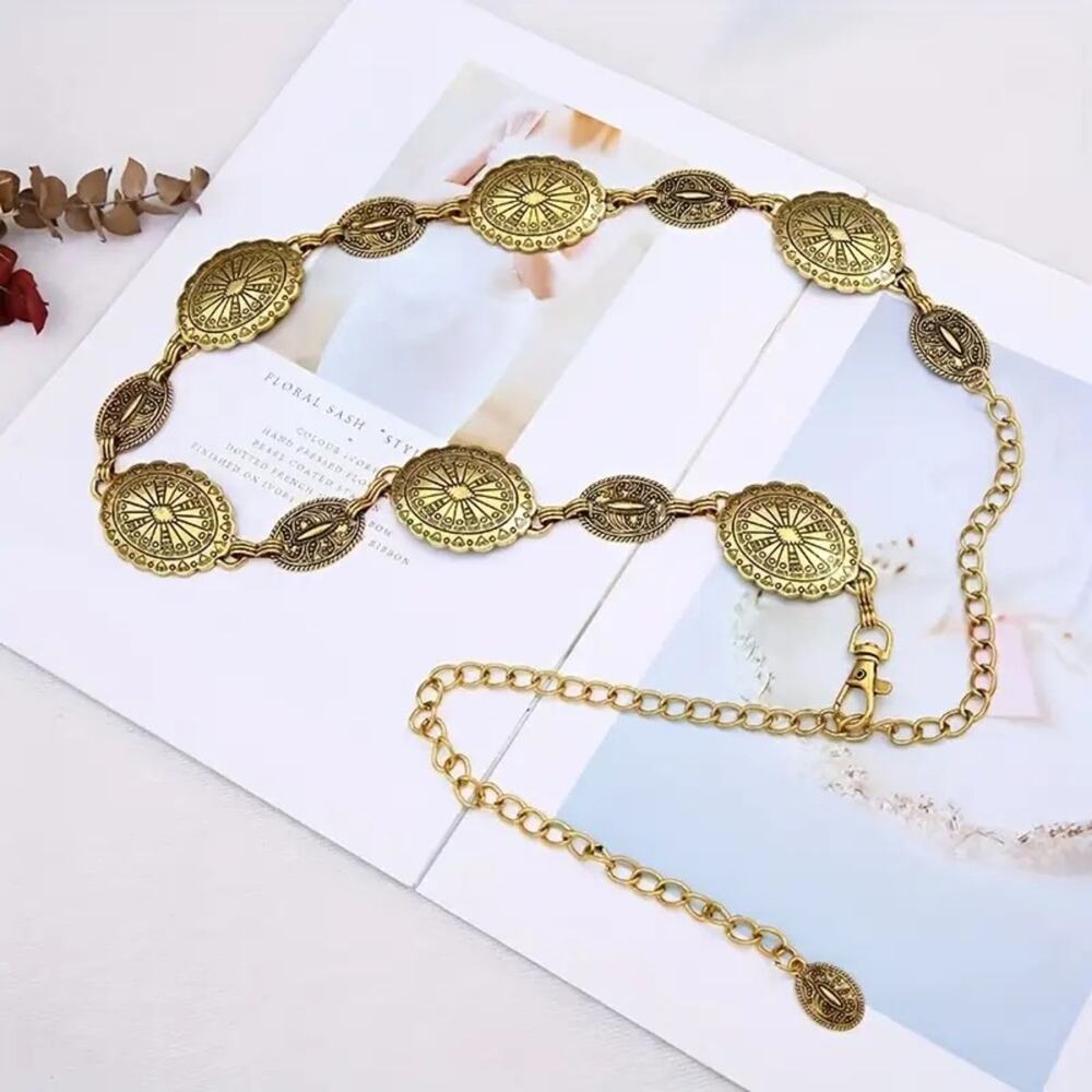 Bohemian Gold Tone Medallion Chain Belt - Picture 12 of 13